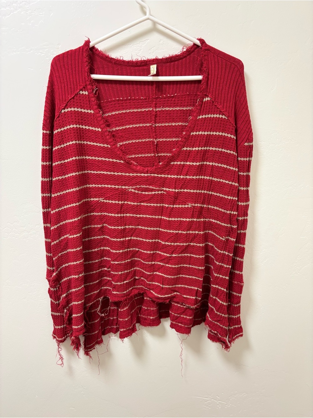 Free People Red Striped Distressed V-Neck Sweater
